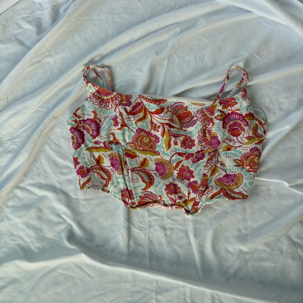 Midnight Sky Corset-Style Floral Print Crop Top Sz L